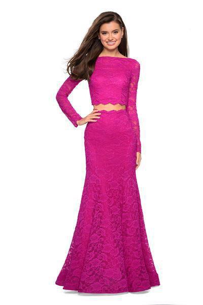 La Femme - 27601 Two-Piece Allover Lace Long Sleeve Evening Gown Evening Dresses 00 / Hot Pink