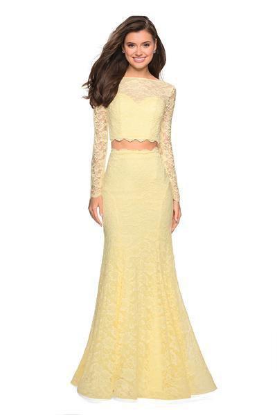 La Femme - 27601 Two-Piece Allover Lace Long Sleeve Evening Gown Evening Dresses 00 / Pale Yellow