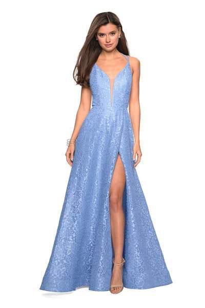 La Femme - 27612 Strappy Plunging V-Neck Gown with Slit Special Occasion Dress 00 / Cloud Blue