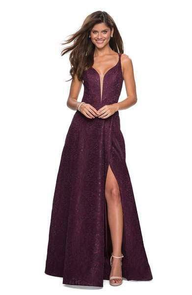 La Femme - 27612 Strappy Plunging V-Neck Gown with Slit Special Occasion Dress 00 / Dark Berry