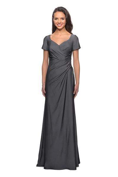 La Femme - 27855 Pleat-Ornate Short Sleeve A-Line Dress Special Occasion Dress 2 / Gunmetal