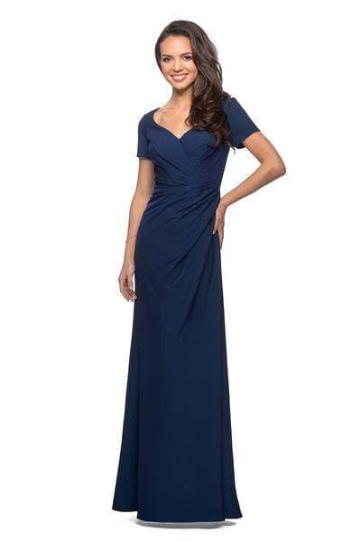 La Femme - 27855 Pleat-Ornate Short Sleeve A-Line Dress Mother of the Bride Dresses 2 / Navy