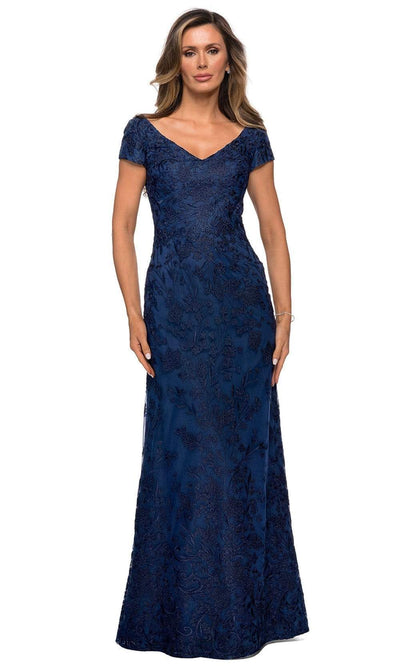 La Femme - 27915 Short Sleeve Floral Embroidered Dress Mother of the Bride Dresses 4 / Navy