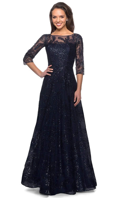 La Femme - 27942SC Floral Embroidered A-line Evening Gown In Blue and Black