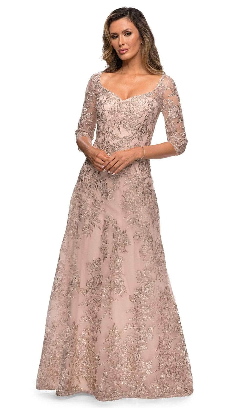 La Femme 28053SC - Illusion Sleeve Lace Formal Dress Mother of the Bride Dresses 12 / Champagne