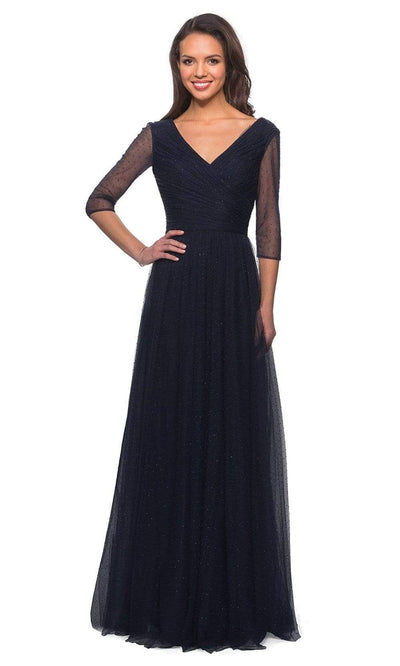La Femme - Quarter Sleeve V-Neck Glitter Dress 28097SC In Blue