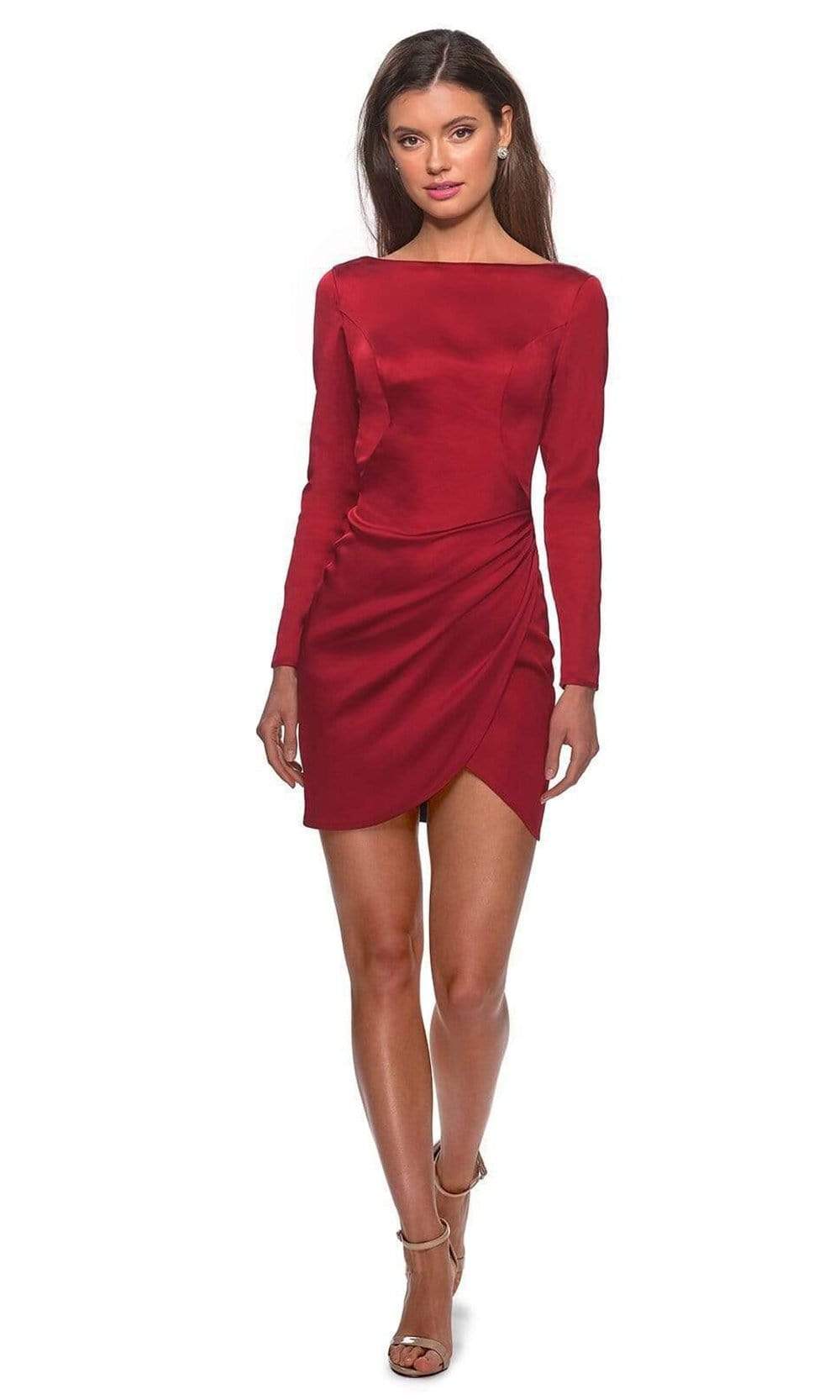 La Femme - 28192 Long Sleeve Backless Faux Wrap Dress Cocktail Dresses 00 / Deep Red