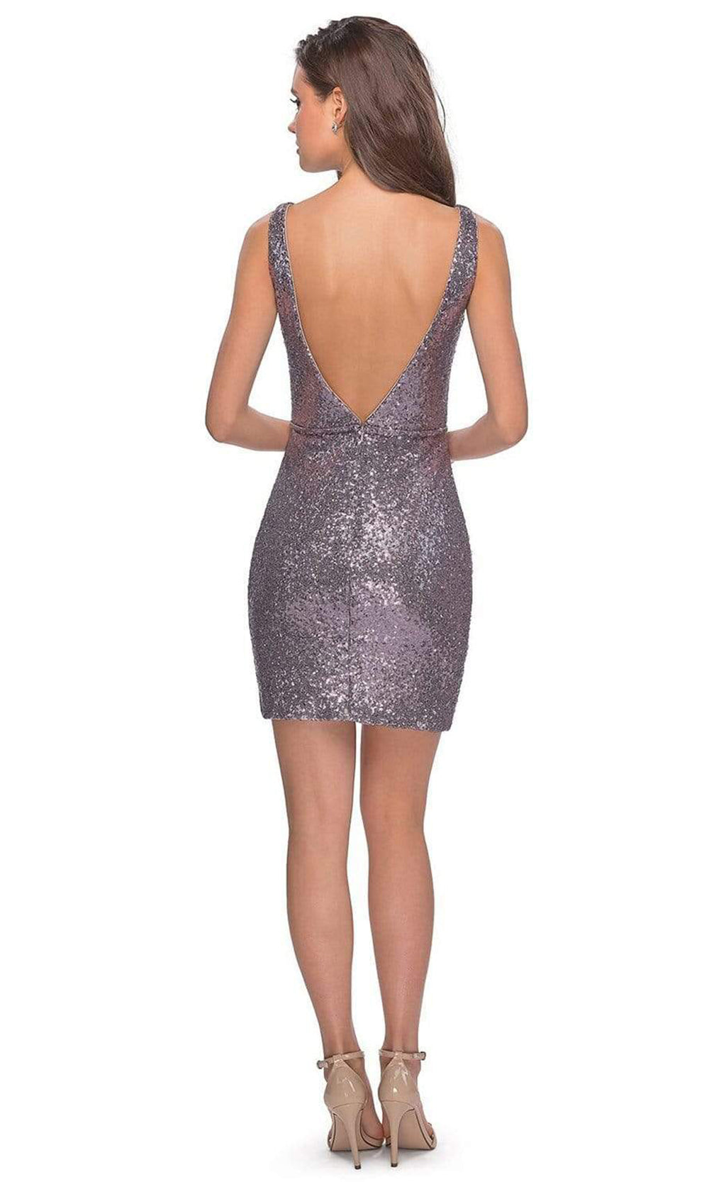 La Femme - Plunging V-Neck Sequined Metallic Faux Wrap Dress 28218 - 1 pc Rose Gold in Size 4 Available CCSALE 4 / Dark Silver