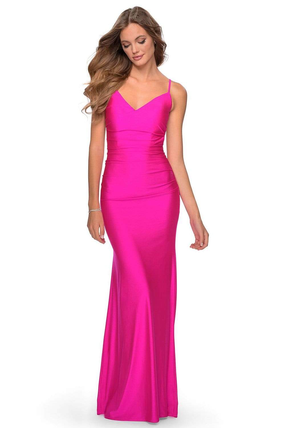 La Femme - 28287 Spaghetti Strap Ruched Backless Long Dress Prom Dresses