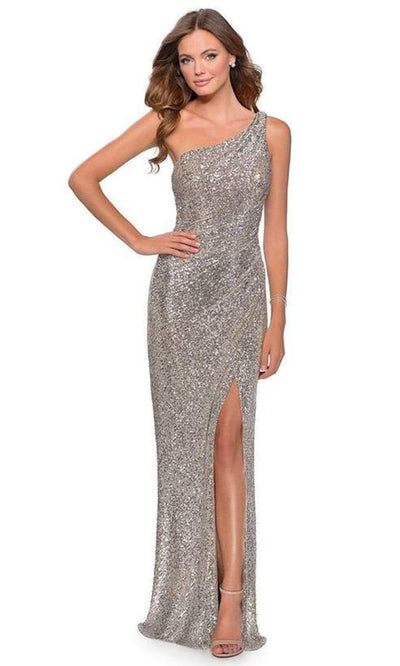 La Femme - 28401SC One Shoulder Full Sequin Fitted Gown with Slit In Silver