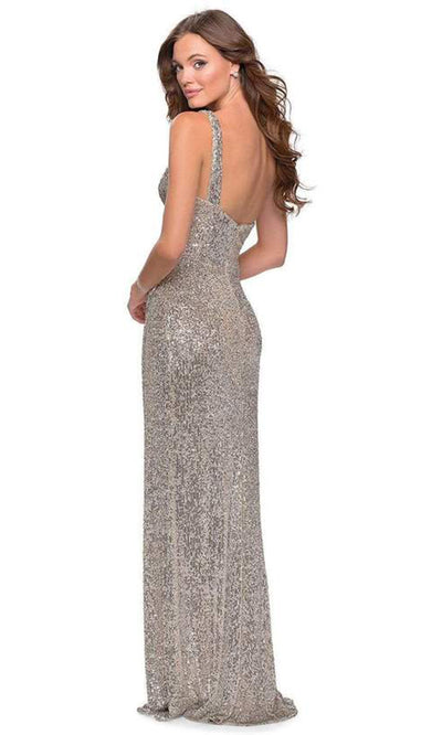 La Femme - 28401SC One Shoulder Full Sequin Fitted Gown with Slit In Silver