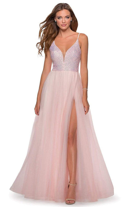 La Femme - 28464SC Beaded Deep V-Neck Tulle Gown With Slit In Pink