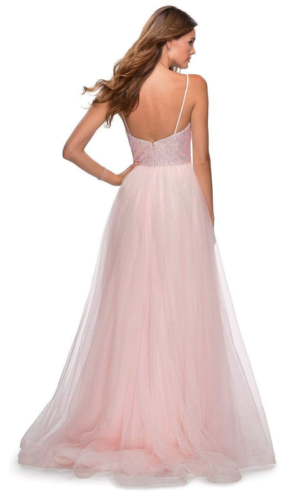 La Femme - 28464SC Beaded Deep V-Neck Tulle Gown With Slit In Pink