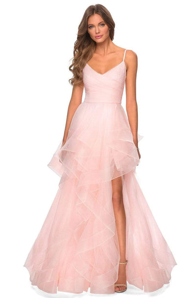 La Femme - 28502 Ruffled V-Neck Dress with Slit Prom Dresses 00 / Blush