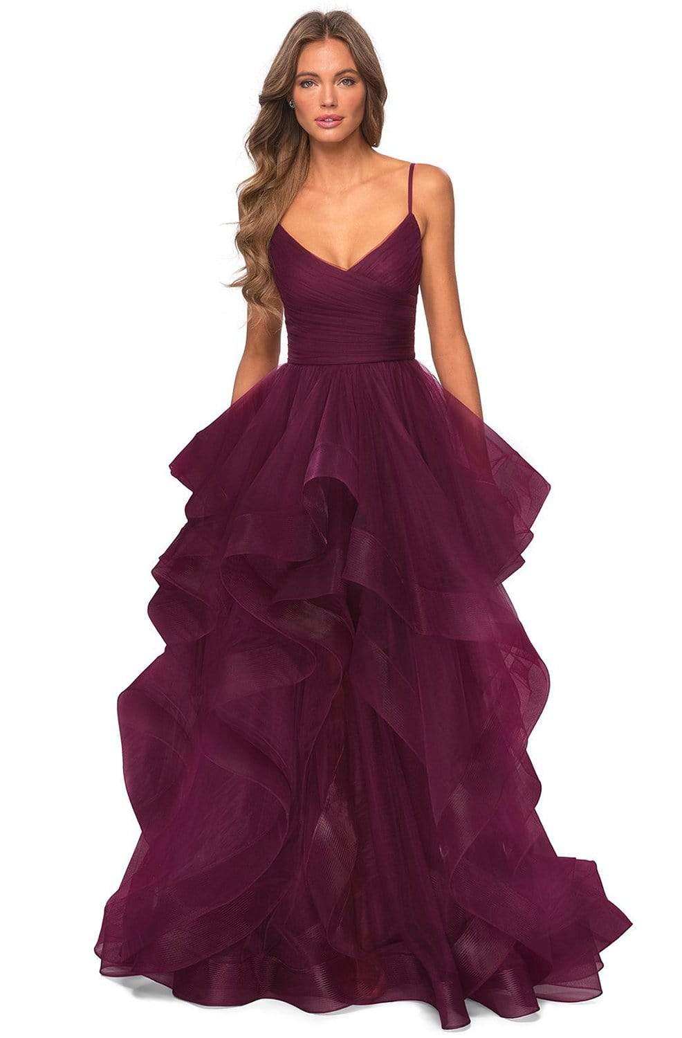 La Femme - 28502 Ruffled V-Neck Dress with Slit Prom Dresses 00 / Dark Berry