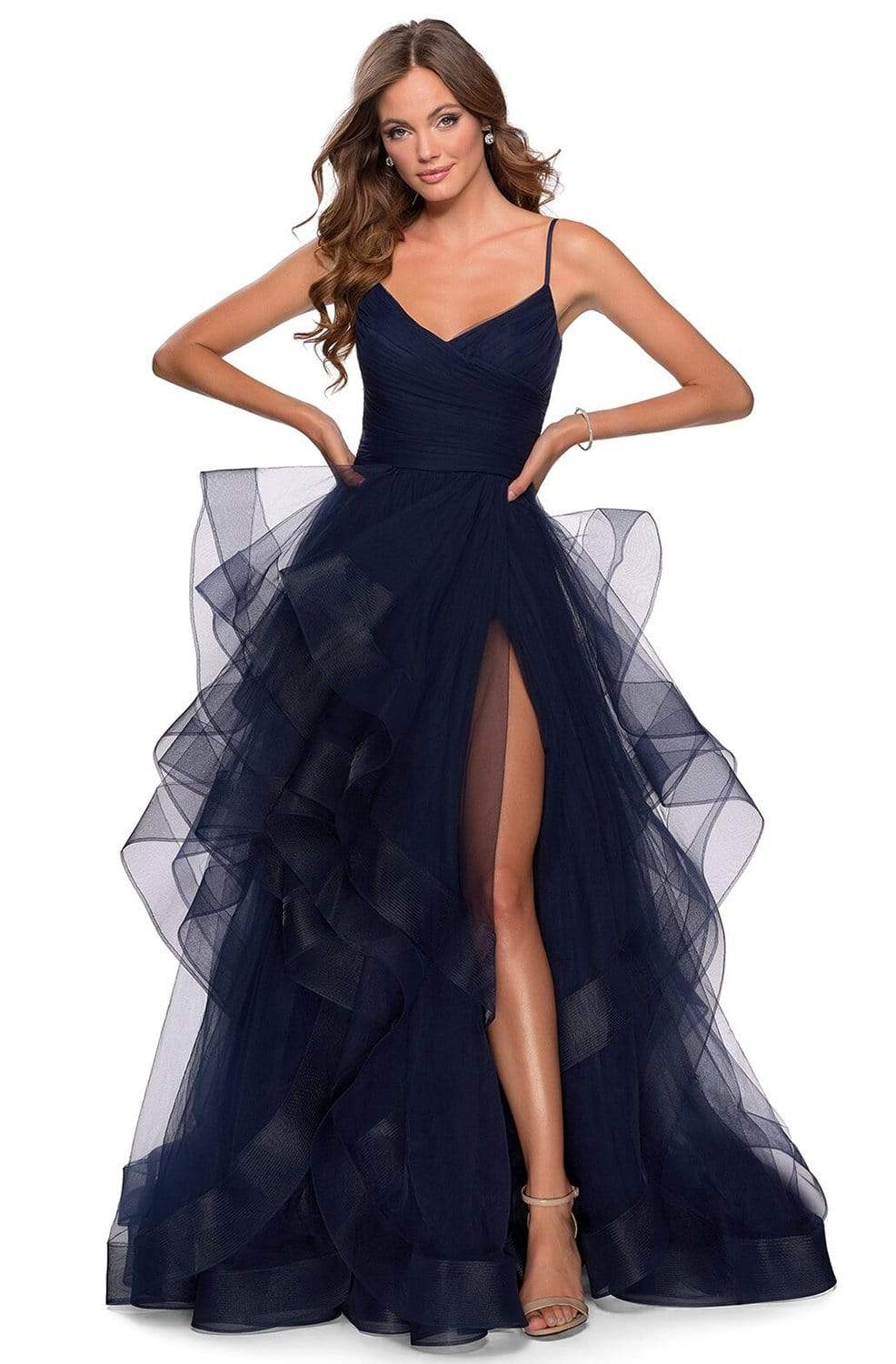 La Femme - 28502 Ruffled V-Neck Dress with Slit Prom Dresses 00 / Navy