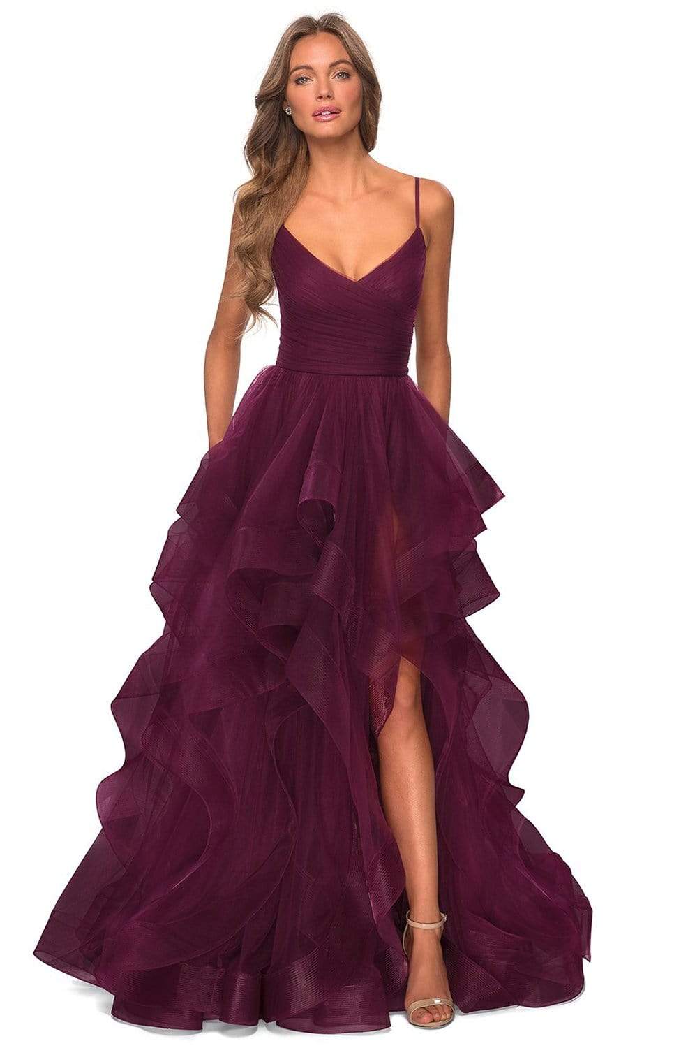 La Femme - 28502 Ruffled V-Neck Dress with Slit Prom Dresses