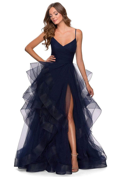 La Femme - 28502 Ruffled V-Neck Dress with Slit Prom Dresses