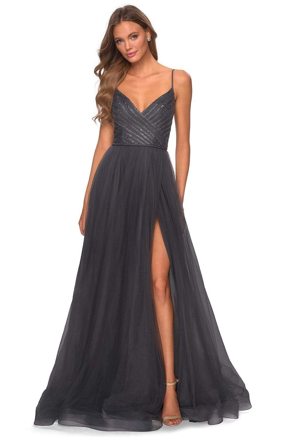 La Femme - 28511 Asymmetric Rhinestone Beadings Tulle Prom Dress Prom Dresses 00 / Charcoal