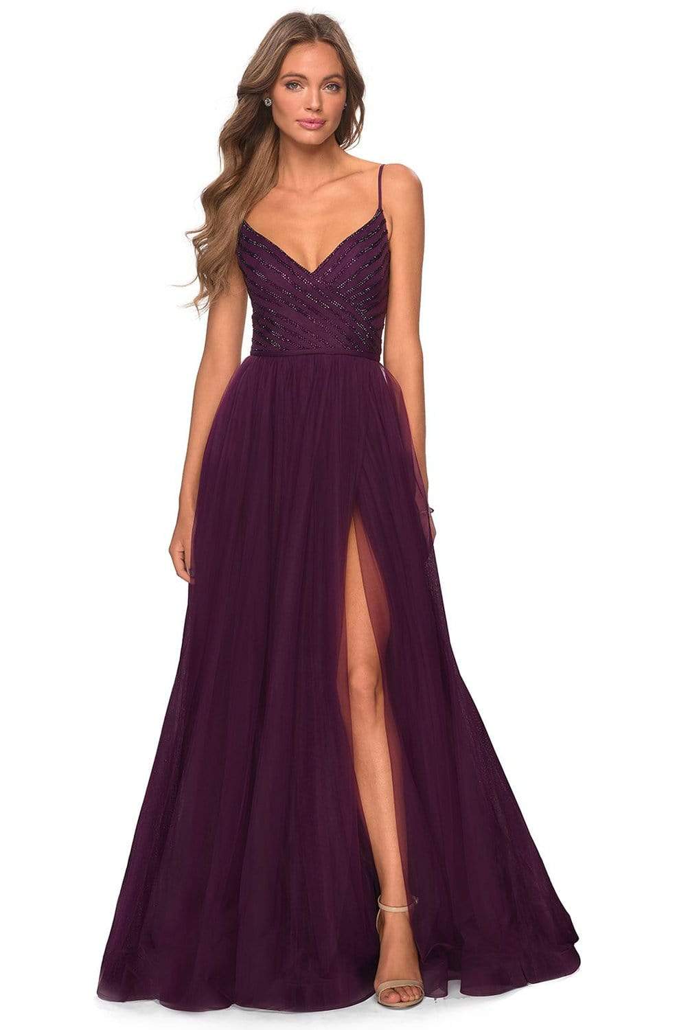 La Femme - 28511 Asymmetric Rhinestone Beadings Tulle Prom Dress Prom Dresses 00 / Dark Purple