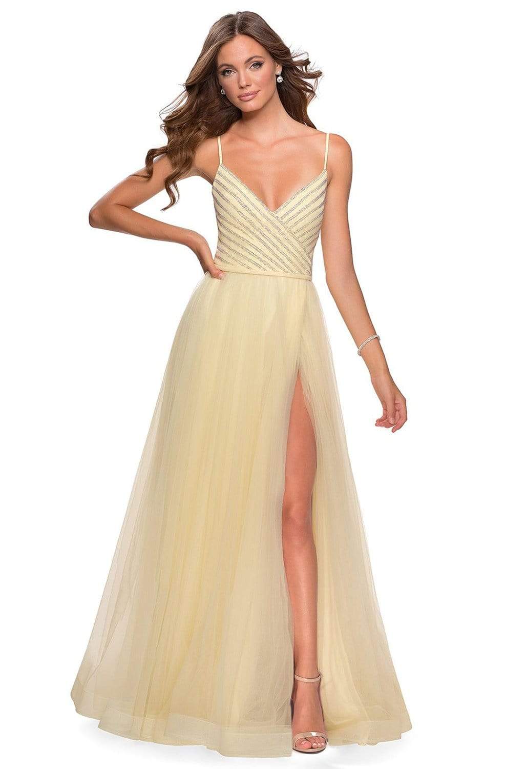 La Femme - 28511 Asymmetric Rhinestone Beadings Tulle Prom Dress Prom Dresses 00 / Pale Yellow