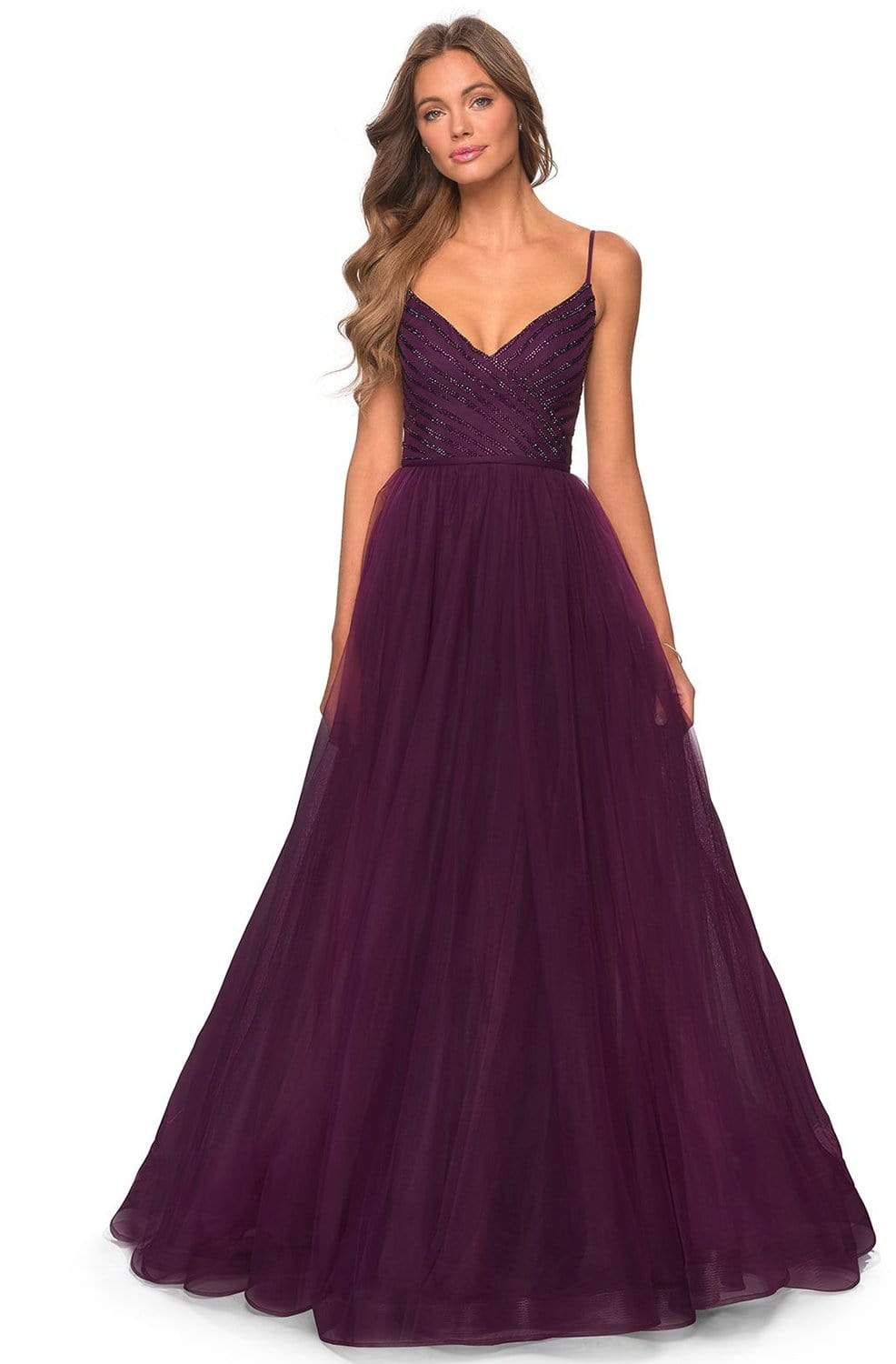 La Femme - 28511 Asymmetric Rhinestone Beadings Tulle Prom Dress Prom Dresses