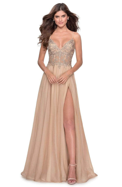 La Femme 28543SC - Sheer Bodice A-Line Evening Dress Evening Dresses 6 / Nude