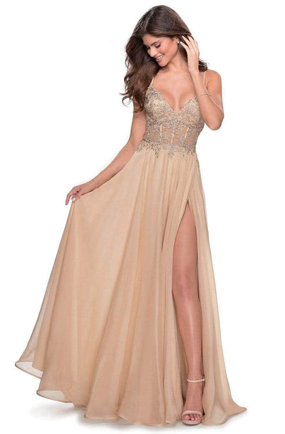 La Femme 28543SC - Sheer Bodice A-Line Evening Dress Evening Dresses 6 / Nude