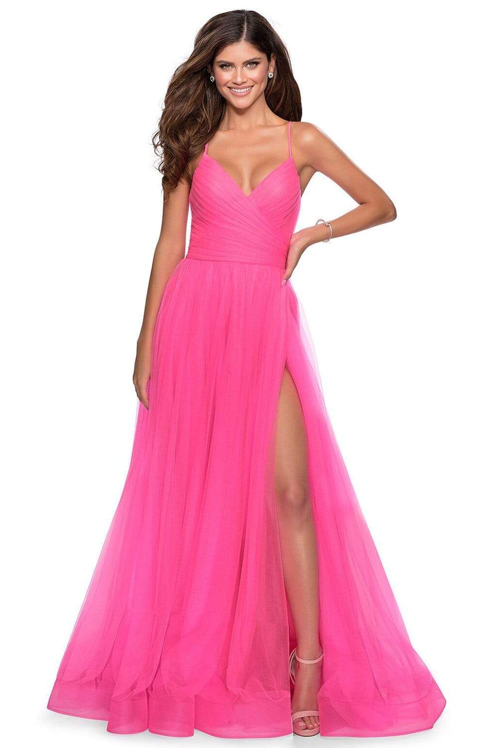 La Femme - Spaghetti Strap Ruched Tulle Dress 28561SC In Pink