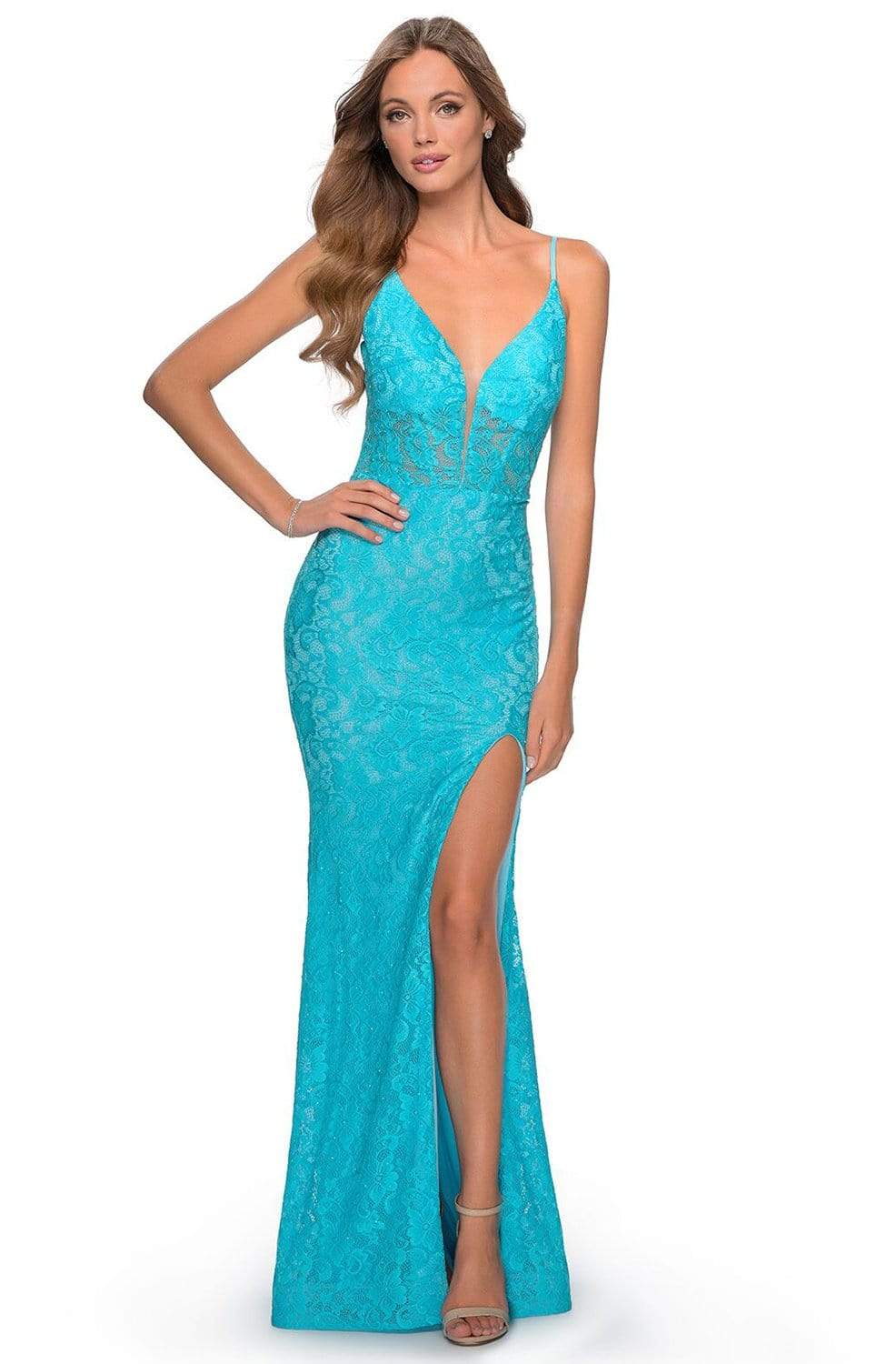 La Femme - 28591 Lace Deep V-neck Trumpet Dress Prom Dresses 00 / Aqua