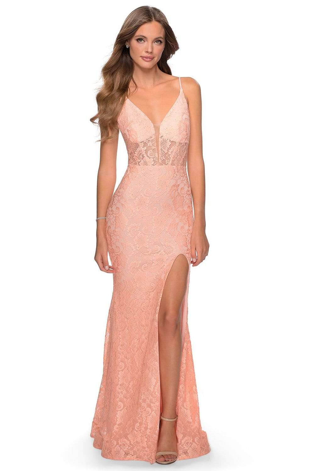 La Femme - 28591 Lace Deep V-neck Trumpet Dress Prom Dresses 00 / Peach