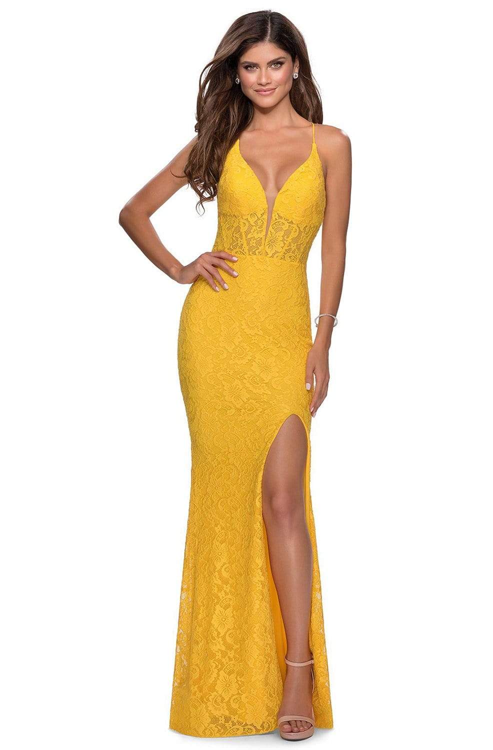 La Femme - 28591 Lace Deep V-neck Trumpet Dress Prom Dresses 00 / Yellow