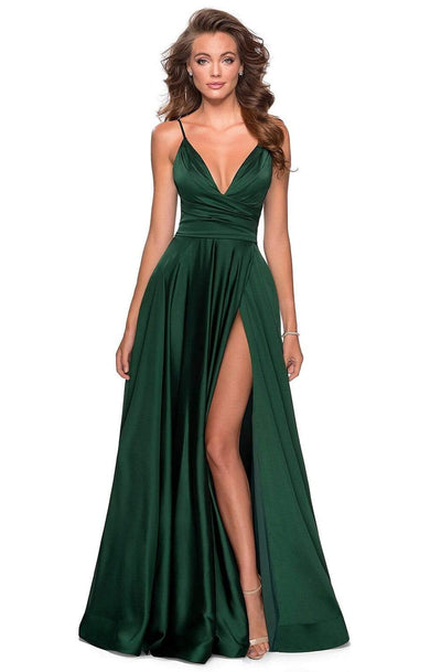 La Femme - 28607SC Spaghetti Strap Deep V Neck High Leg Slit Satin Gown CCSALE 2 / Emerald