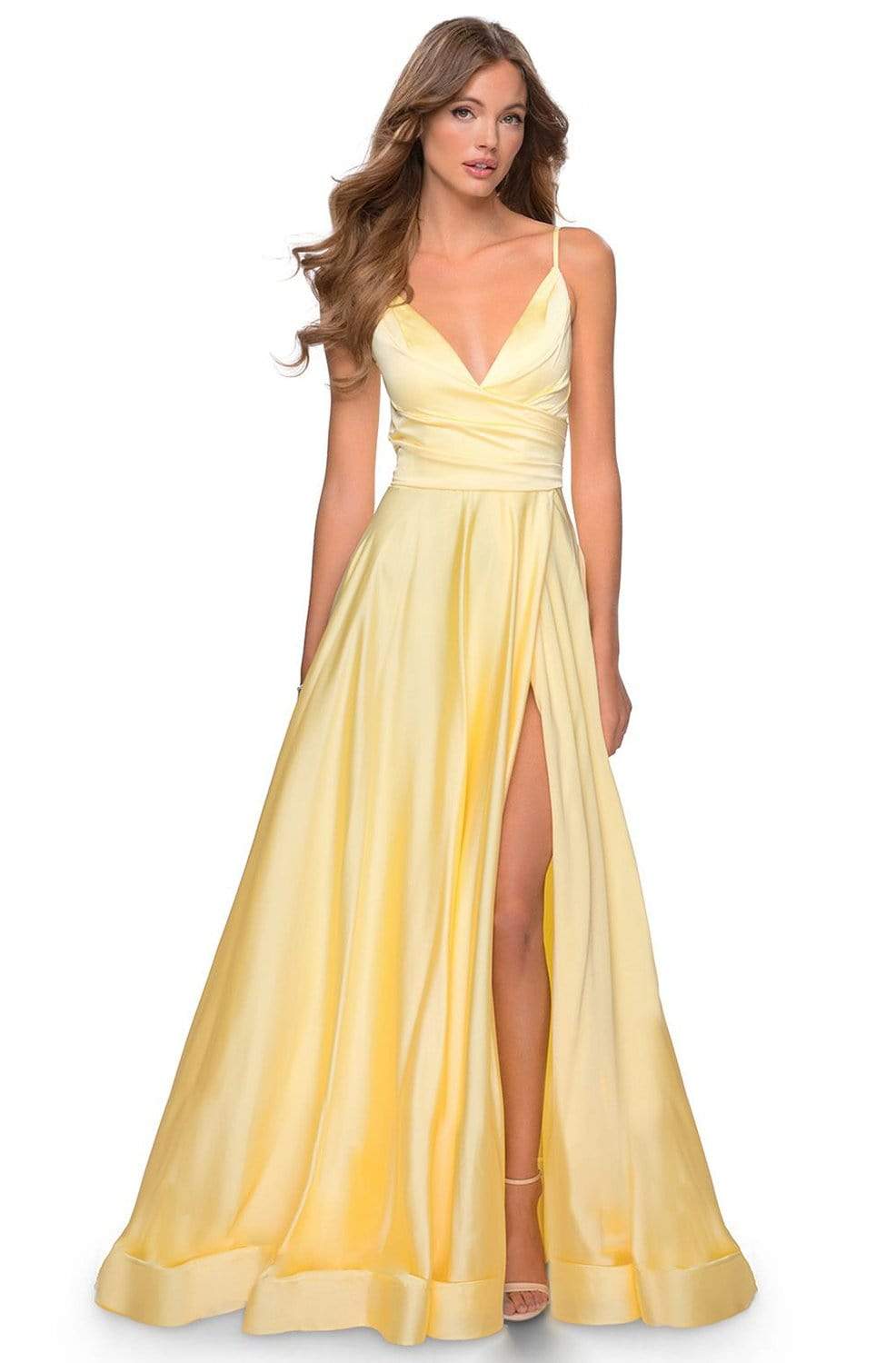 La Femme - 28607SC Spaghetti Strap Deep V Neck High Leg Slit Satin Gown CCSALE 4 / Pale Yellow
