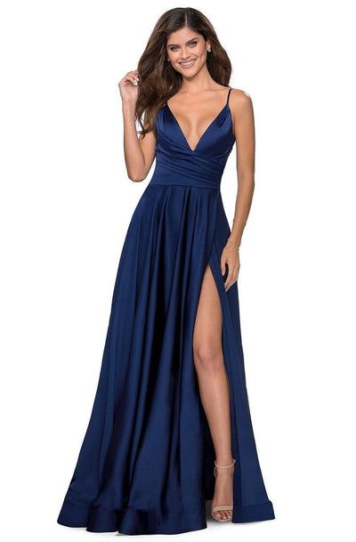 La Femme - 28607SC Spaghetti Strap Deep V Neck High Leg Slit Satin Gown CCSALE 8 / Royal Blue