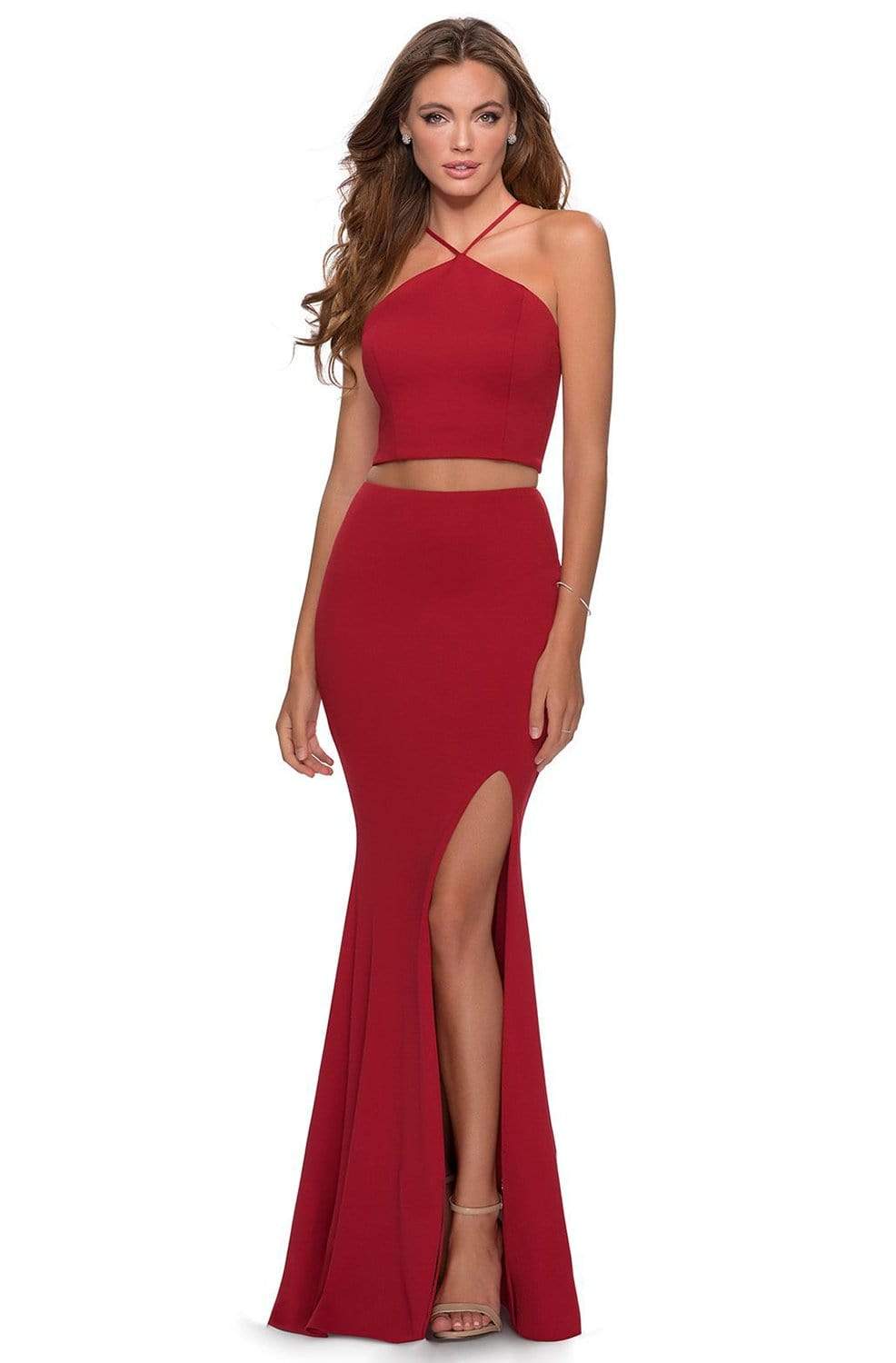 La Femme - 28624 Two Piece Halter Jersey Sheath Dress Prom Dresses 00 / Red