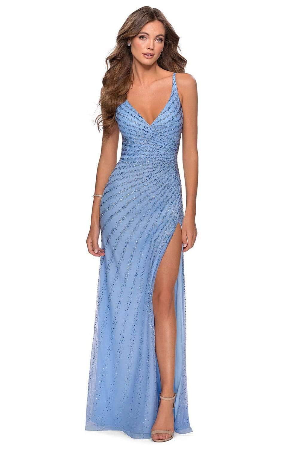 La Femme - 28646 Deep V-Neck Bedazzled Sheath Dress Prom Dresses 00 / Cloud Blue