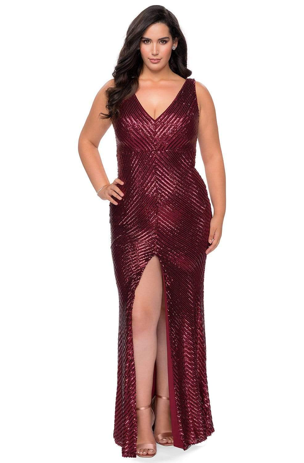 La Femme - 28796 Sequined V-Neck Dress with Slit Evening Dresses 12W / Wine