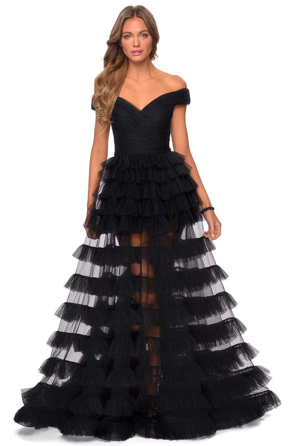 La Femme - 28804 Off-Shoulder Tiered Ruffle A-Line Dress Prom Dresses 00 / Black
