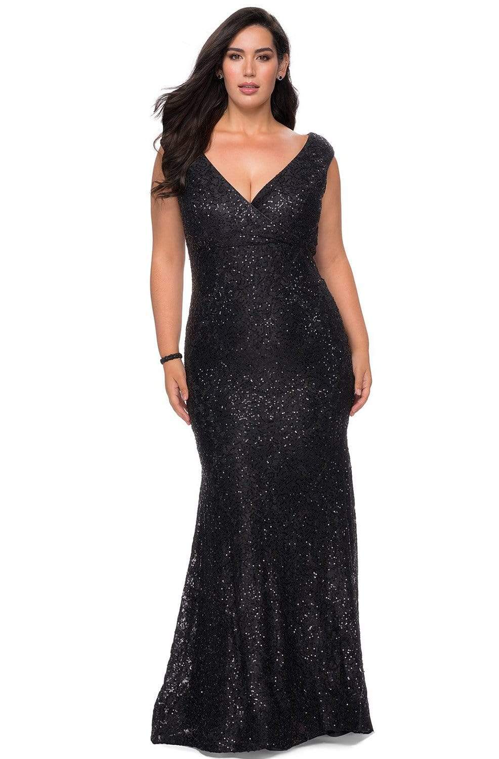 La Femme - 28837 V Neck Rhinestone Beaded Full Lace Evening Gown Evening Dresses 12W / Black