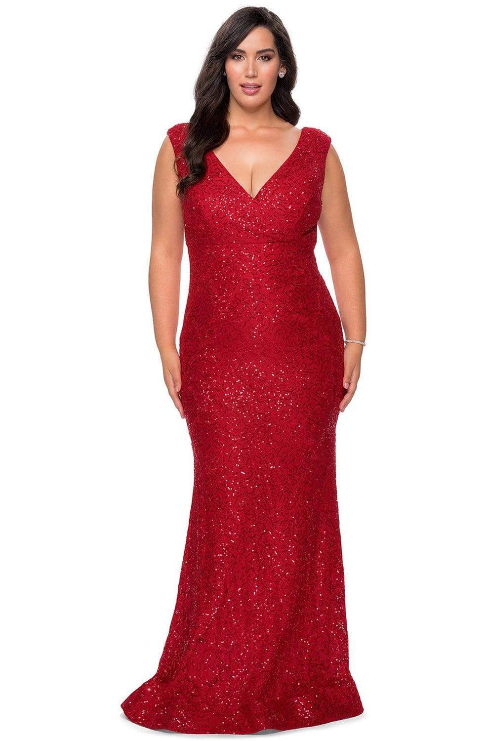 La Femme - 28837 V Neck Rhinestone Beaded Full Lace Evening Gown Evening Dresses 12W / Red