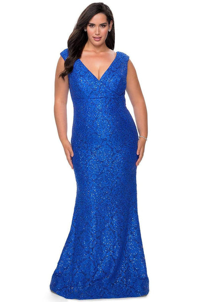 La Femme - 28837 V Neck Rhinestone Beaded Full Lace Evening Gown Evening Dresses 12W / Royal Blue