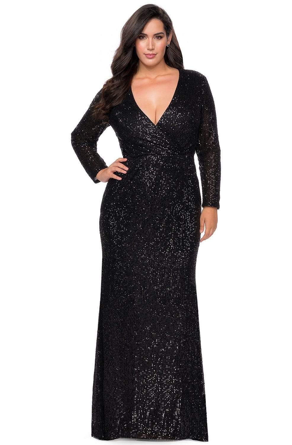 La Femme - 28880SC Allover Sequin Long Sleeve High Slit Evening Gown