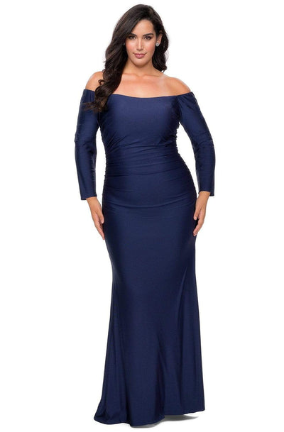 La Femme - 28881 Off-Shoulder Long Sleeves Dress Evening Dresses 12W / Navy