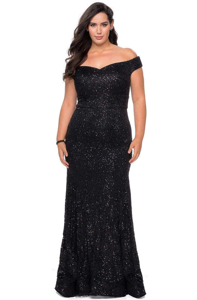 La Femme - 28883 Off Shoulder Beaded Allover Lace Mermaid Gown Prom Dresses 12W / Black