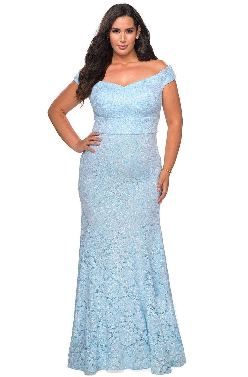 La Femme - 28883 Off Shoulder Beaded Allover Lace Mermaid Gown Prom Dresses 12W / Cloud Blue