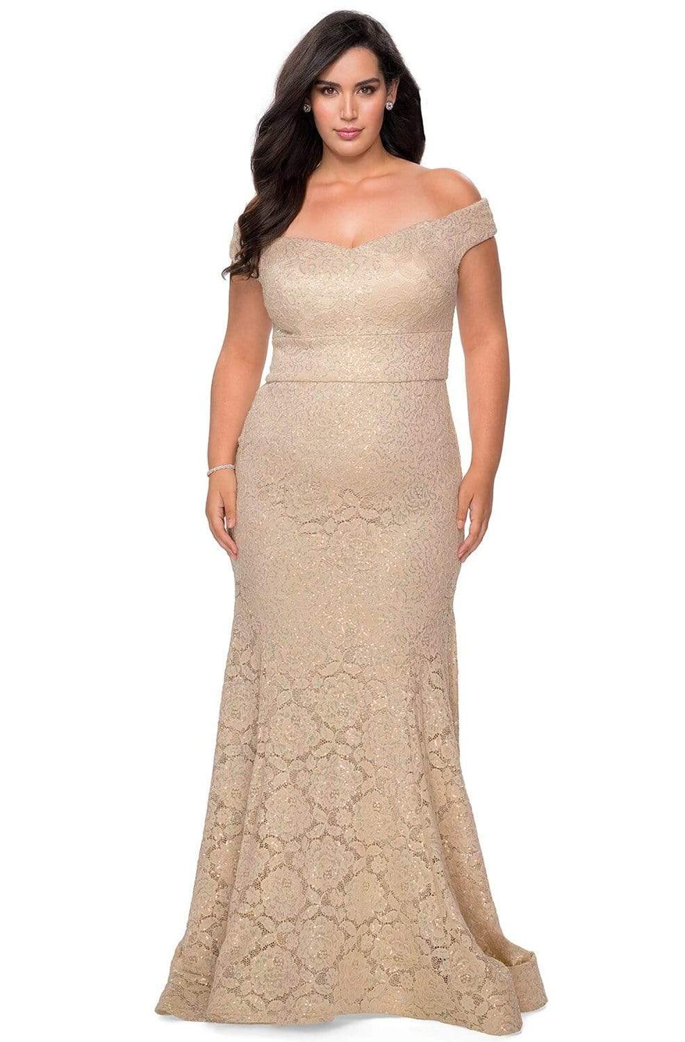 La Femme - 28883 Off Shoulder Beaded Allover Lace Mermaid Gown Prom Dresses 12W / Nude