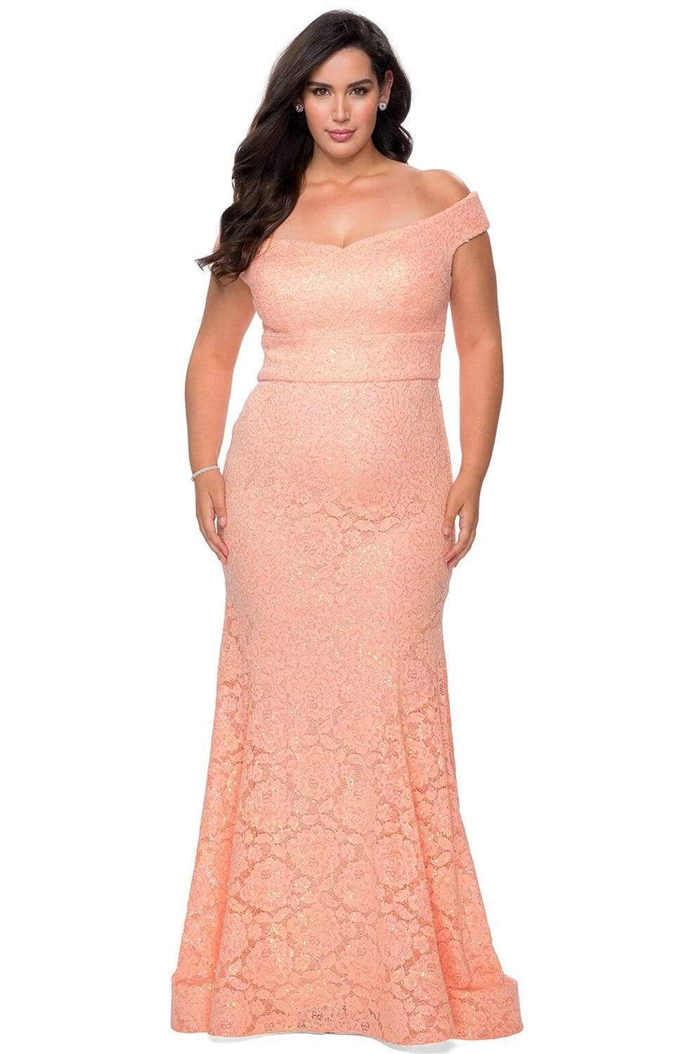 La Femme - 28883 Off Shoulder Beaded Allover Lace Mermaid Gown Prom Dresses 12W / Peach