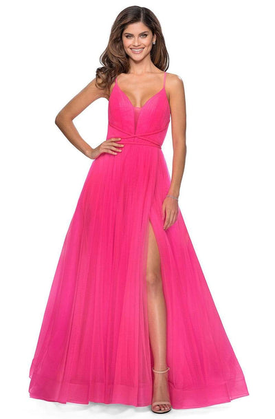 La Femme - 28893 Crisscross Strapped Bodice High Slit Tulle Dress Prom Dresses 00 / Neon Pink