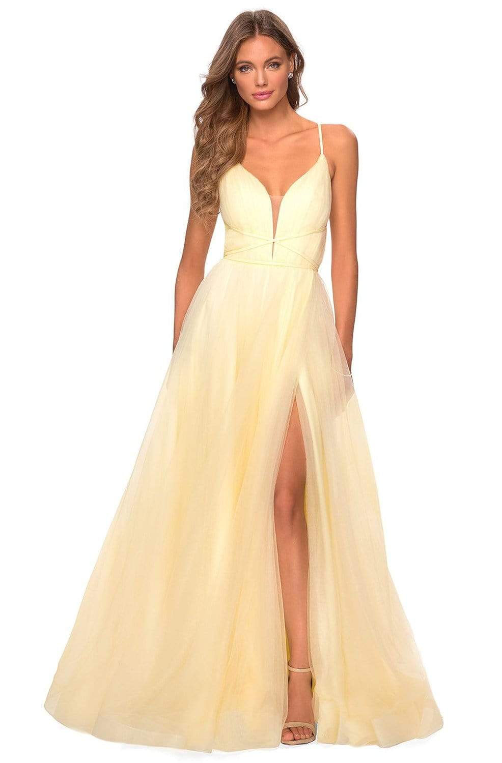 La Femme - 28893 Crisscross Strapped Bodice High Slit Tulle Dress Prom Dresses 00 / Pale Yellow